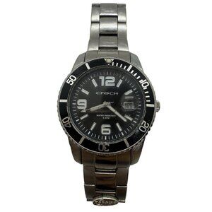 Epoch Quartz Men's Round Watch Silver Tone Bracelet WR 5ATM Black Face Date 40mm